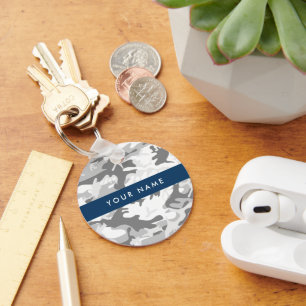 Winter Snow Grey Camouflage Your name Personalise Key Ring