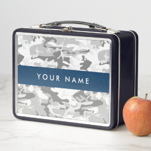 Winter Snow Grey Camouflage Your name Personalise Metal Lunch Box