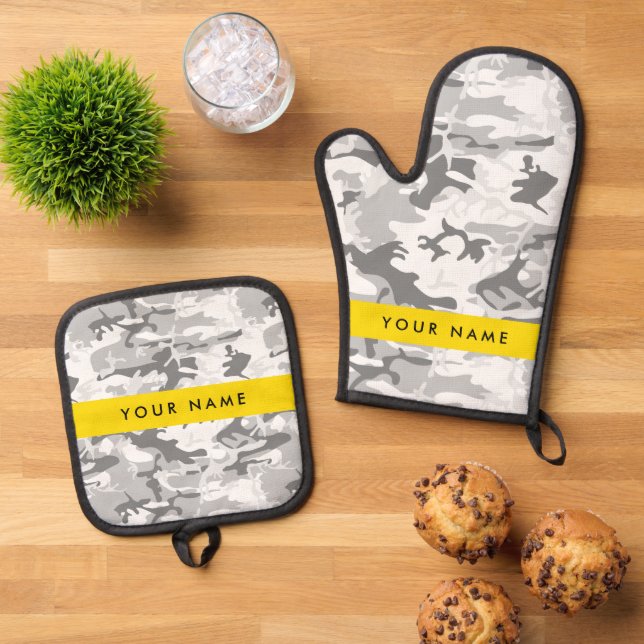 Winter Snow Grey Camouflage Your name Personalise Oven Mitt & Pot Holder Set (Top Down)