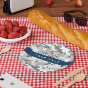 Winter Snow Grey Camouflage Your name Personalise Paper Plate