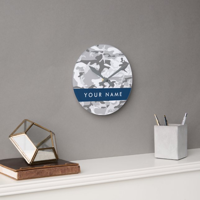 Winter Snow Grey Camouflage Your name Personalise Round Clock (Office)