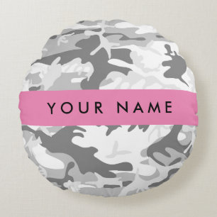 Winter Snow Grey Camouflage Your name Personalise Round Cushion