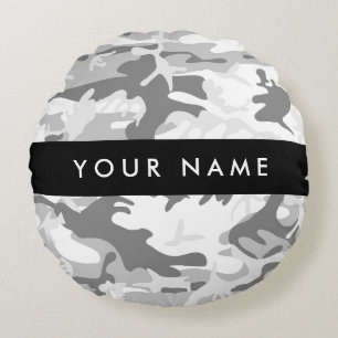 Winter Snow Grey Camouflage Your name Personalise Round Cushion