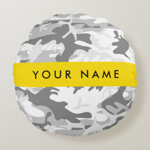 Winter Snow Grey Camouflage Your name Personalise Round Cushion