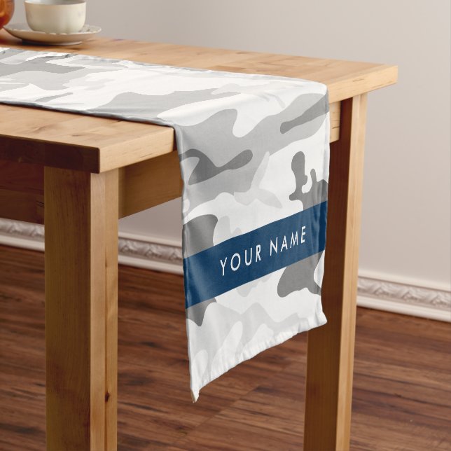 Winter Snow Grey Camouflage Your name Personalise Short Table Runner (In Situ)