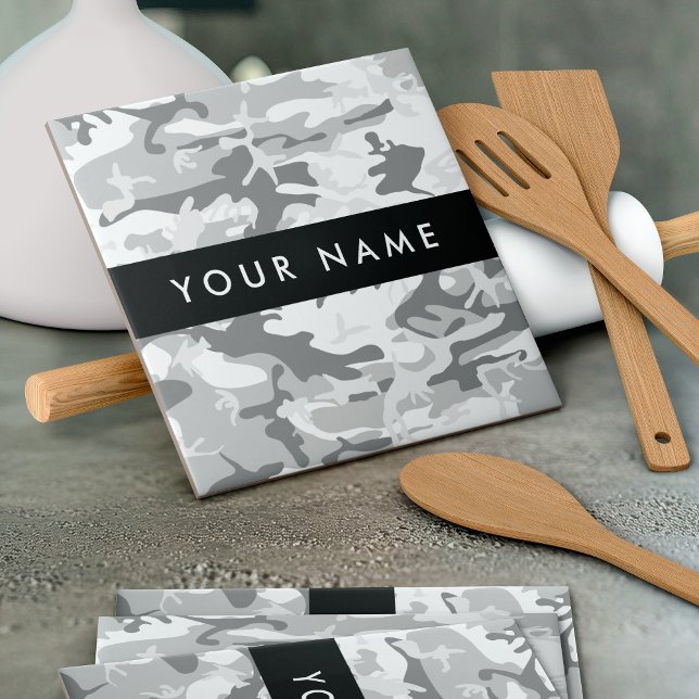 Winter Snow Grey Camouflage Your name Personalise Tile (Creator Uploaded)