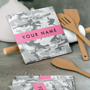 Winter Snow Grey Camouflage Your name Personalise Tile