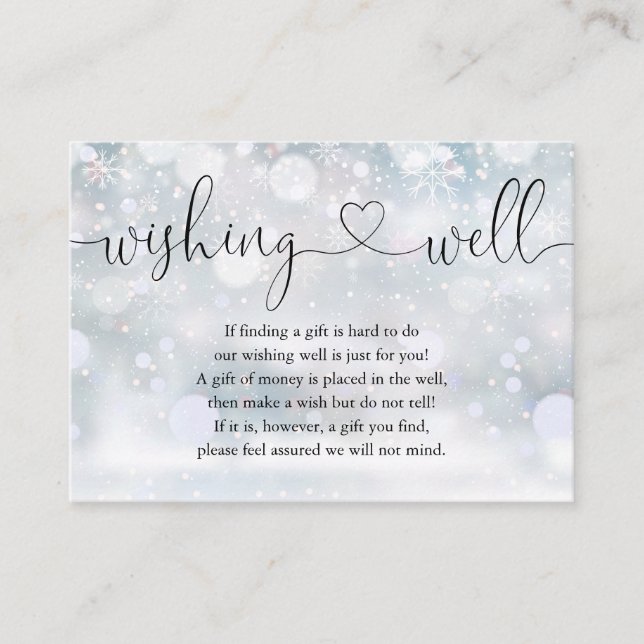 Winter Snow Heart Script Wishing Well Wedding Enclosure Card (Front)