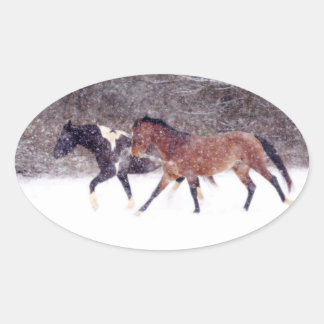 Winter Snow Horses in Barn Oval Sticker