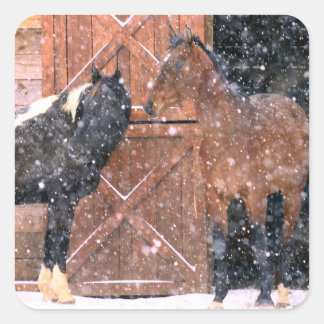 Winter Snow Horses in Barn Square Sticker