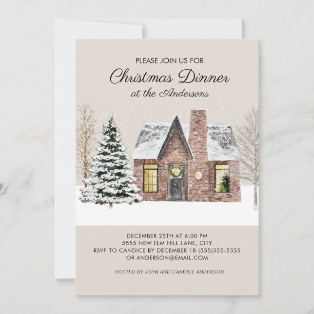 Winter Snow House Pine Tree Christmas Dinner Invitation (Front)