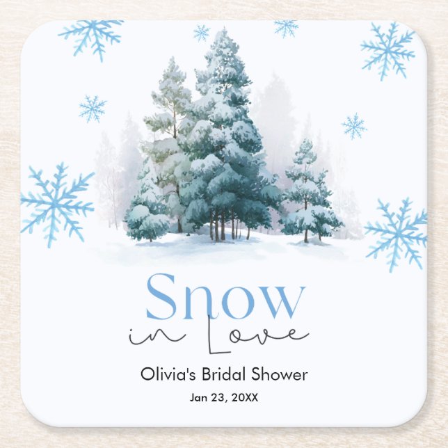 Winter Snow in Love Snowflakes Bridal Shower Square Paper Coaster (Front)