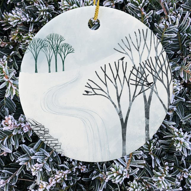 Winter Snow Landscape Ceramic Tree Decoration (Winter landscape art Christmas ornament)