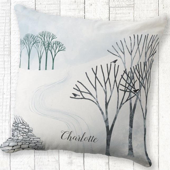 Winter Snow Landscape Painting Personalised Cushion (Winter landscape snow scene personalized custom name throw pillow)