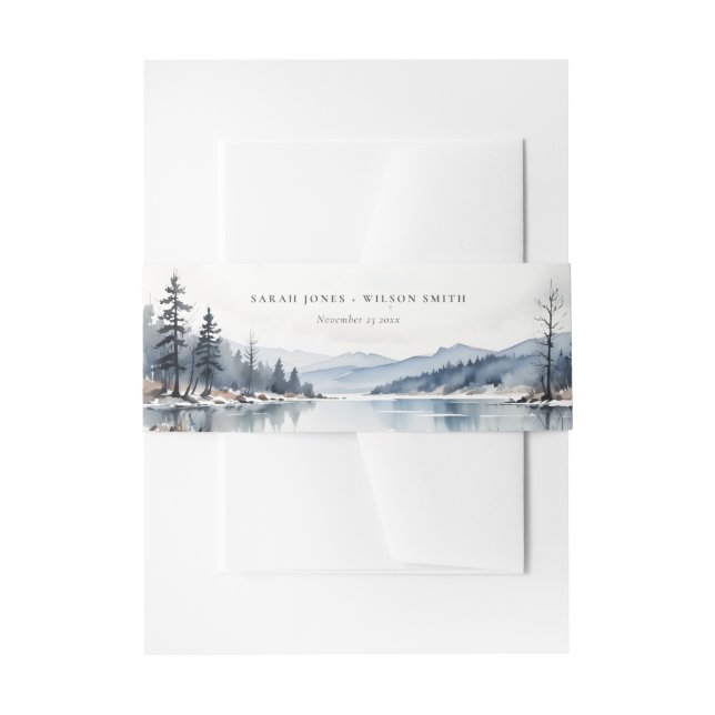 Winter Snow Mountain Lake Landscape Wedding Invitation Belly Band (Front Example)