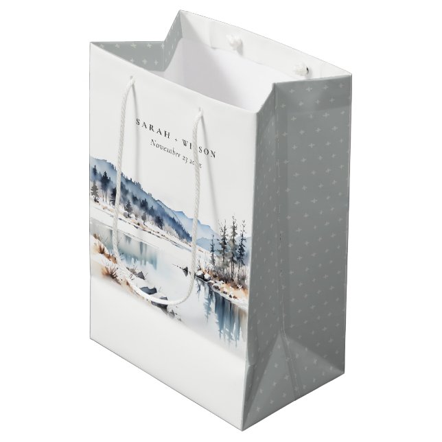 Winter Snow Mountain Lake Landscape Wedding Medium Gift Bag (Front Angled)