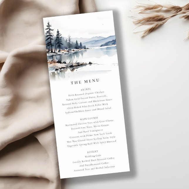 Winter Snow Mountain Lake Landscape Wedding Menu Invitation (Creator Uploaded)
