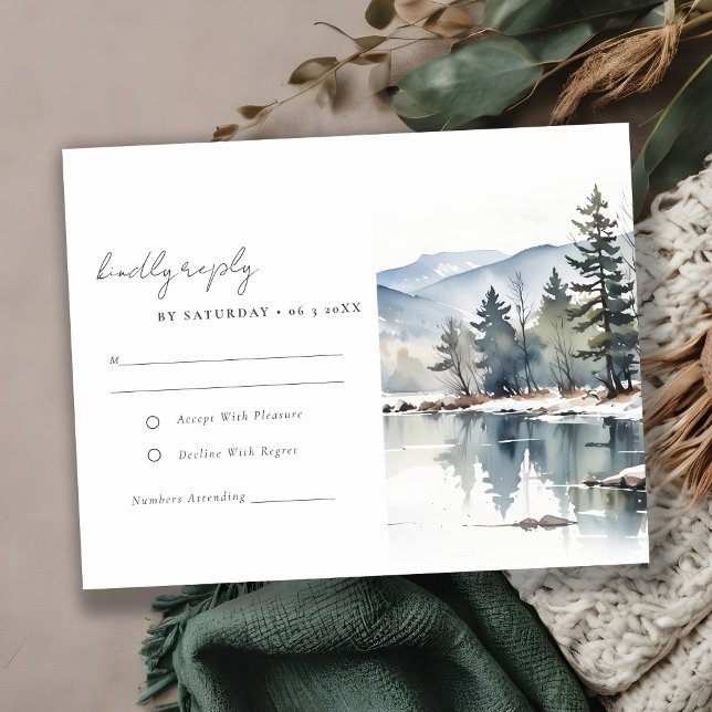 Winter Snow Mountain Lake Landscape Wedding RSVP Card (Creator Uploaded)