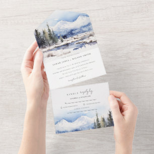 Winter Snow Mountain Ski Landscape Wedding All In One Invitation