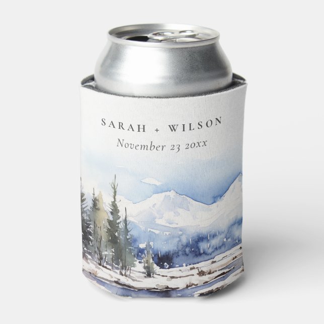 Winter Snow Mountain Ski Landscape Wedding Can Cooler (Can Front)