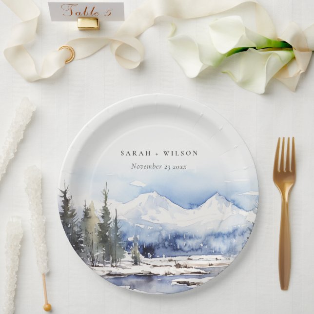 Winter Snow Mountain Ski Landscape Wedding Paper Plate (Wedding)