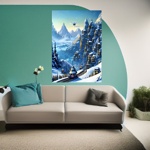 Winter, snow, mountain village   AI Art  Poster