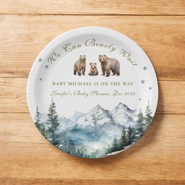 Winter Snow Mountains Bear Adventure  Baby Shower Paper Plate (Creator Uploaded)