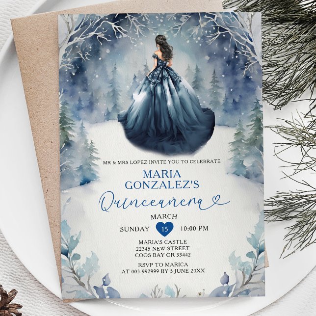Winter Snow Navy Blue Dress Forest Quinceañera Invitation (Creator Uploaded)