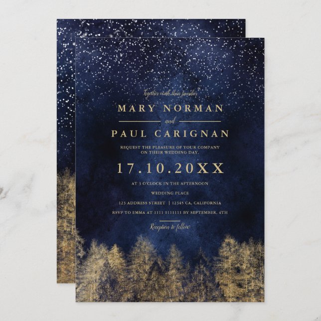 Winter snow navy blue pine trees forest wedding invitation (Front/Back)