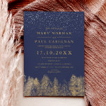 Winter snow navy blue pine trees forest wedding invitation<br><div class="desc">Winter pine trees forest wedding with gold pine trees  showing a wonderland of wood land  and white falling snow,  with elegant and modern typography.</div>