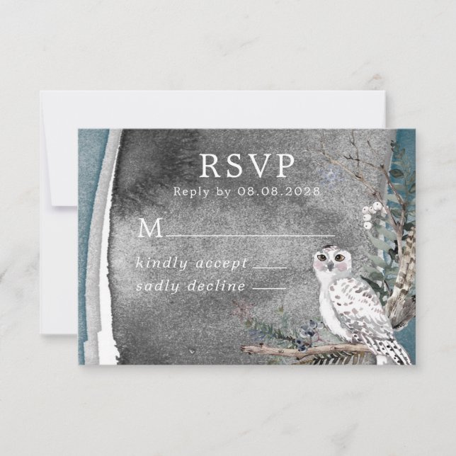 Winter Snow Owl Moon Branch Paint Wedding RSVP (Front)