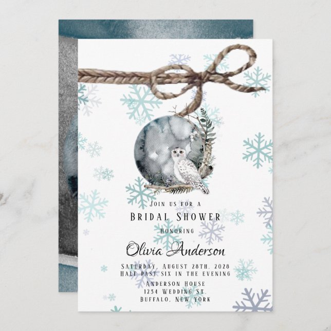 Winter Snow Owl Moon Watercolor Bridal Shower Invitation (Front/Back)