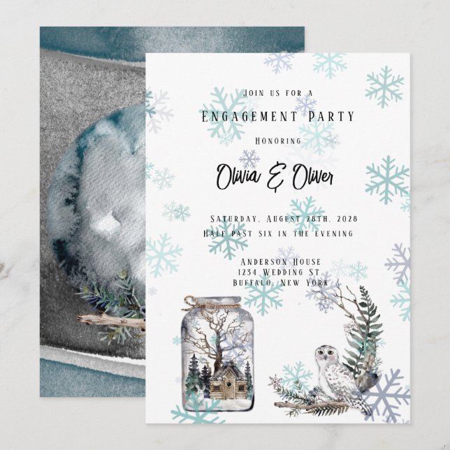 Winter Snow Owl Moon Watercolor Engagement Party Invitation (Front/Back)