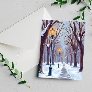 Winter Snow Park Street Lamps City Watercolor Card