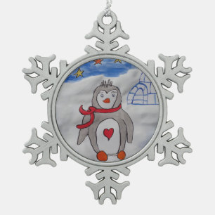 Winter Snow Penguin  Snowflake Pewter Christmas Ornament