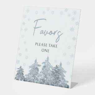 Winter snow pine trees baby shower favours sign