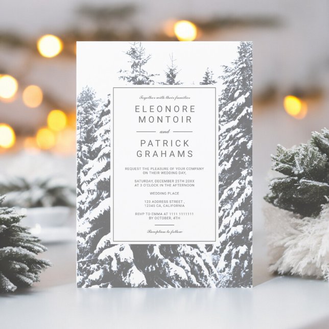 Winter snow pine trees forest photo chic wedding invitation (Winter snow pine trees forest photo chic wedding invitation)
