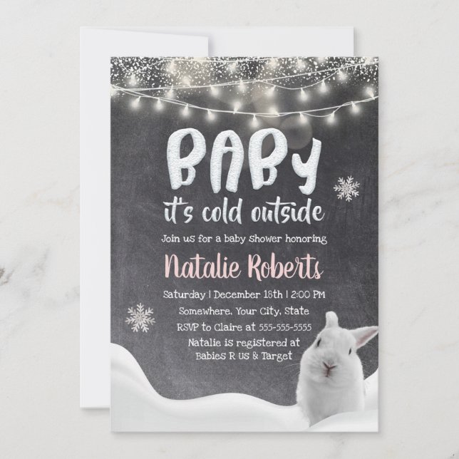 Winter Snow Rabbit Rustic Chalkboard Baby Shower Invitation (Front)