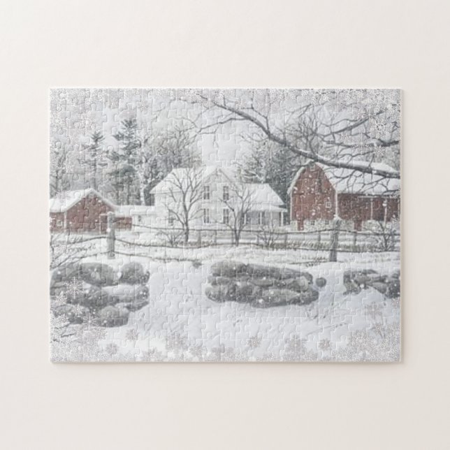 Winter Snow Red Barn Farm House Jigsaw Puzzle (Horizontal)