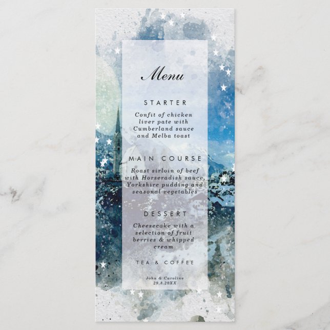 winter snow scene holiday wedding menu cards (Front)