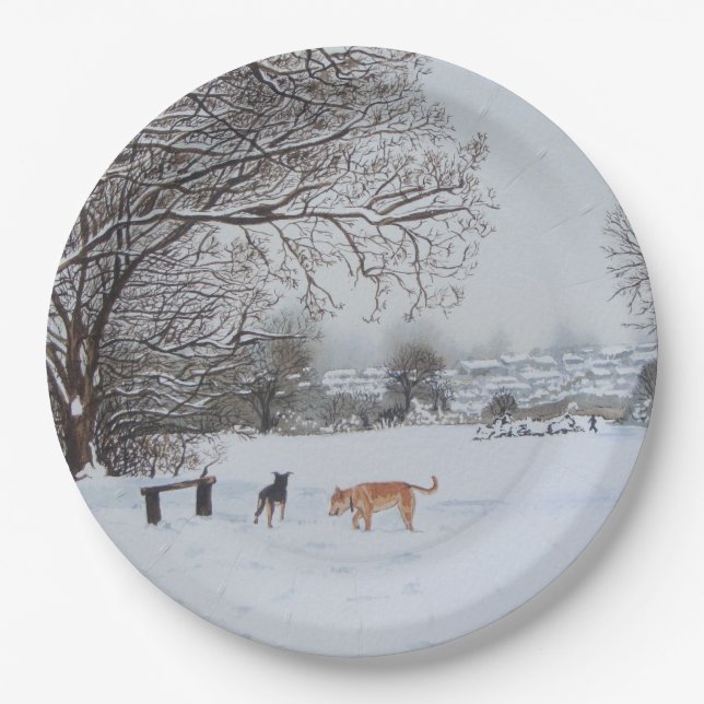 Winter snow scene landscape with trees dogs  paper plate (Front)