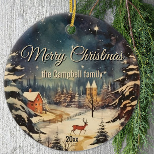 Winter Snow Scene Merry Christmas Family Name Ceramic Tree Decoration