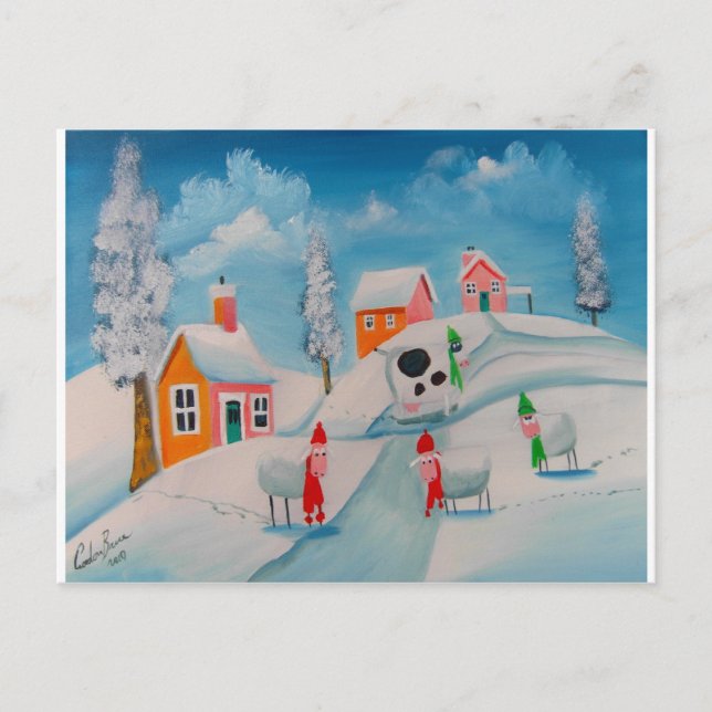 winter snow scene sheep folk art postcard (Front)
