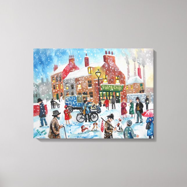 Winter snow scene Tetley Tea van original umbrella Canvas Print (Front)