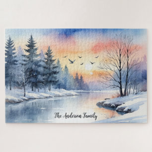 Winter Snow Scene Watercolor Lake Sunrise Jigsaw Puzzle