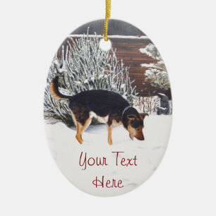 Winter snow scene with cute black and tan dog ceramic tree decoration