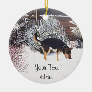 Winter snow scene with cute black and tan dog ceramic tree decoration
