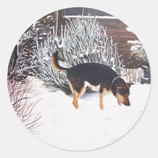Winter snow scene with cute black and tan dog classic round sticker (Front)