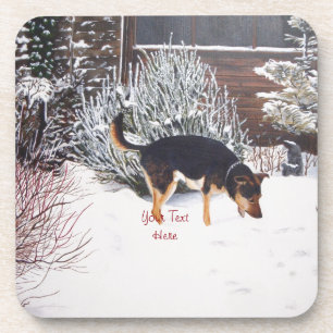 winter snow scene with cute black and tan dog coaster