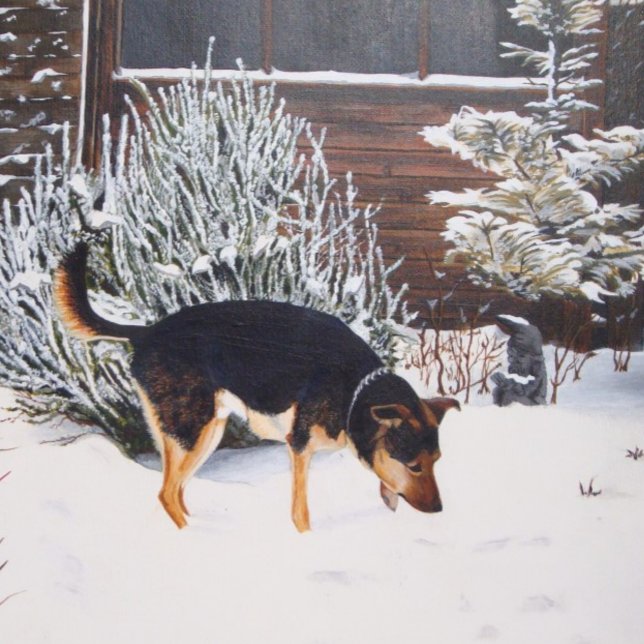 Winter snow scene with cute black and tan dog coaster (Creator Uploaded)